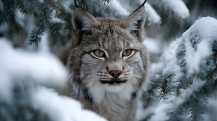 Obraz premium A close up portrait of a lynx in a snowy forest its piercing eyes looking intently