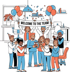 Diverse team celebrating new employee with welcome banner and balloons in office.