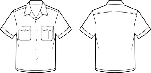 Short sleeve button up shirt technical drawing, front and back view, fashion flat sketch, apparel design, vector garment illustration