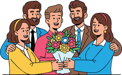 Group of people presenting a bouquet of flowers.