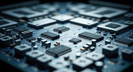 Blue circuit board with chips and components close-up, shallow depth of field