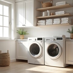 Two front load washing machines in clean laundry room. White cabinets and shelves hold folded towels. Sunny window light streams across wooden floor.