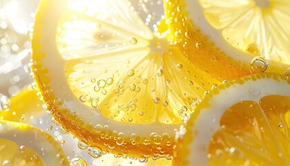 Close up of bright yellow lemon slices submerged in clear water with sparkling bubbles and golden sunlight filtering through creating a refreshing and vibrant citrus abstract background