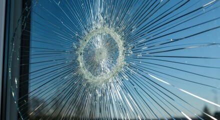 Obraz premium Broken window glass with radial cracks shows sky reflection