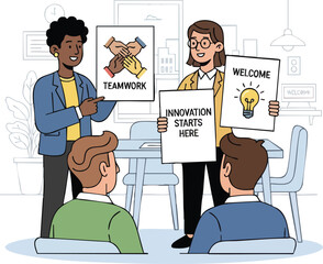 Teamwork and Innovation Presentation with Diverse Professionals.