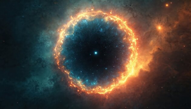 Fiery ring nebula glows in deep space after supernova explosion. Celestial eye forms with bright star at center. Cosmic cloud expands across galaxy, beautiful stellar phenomenon in vast universe,