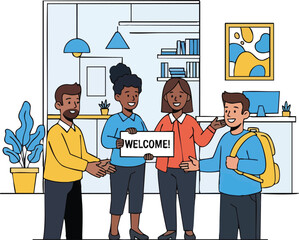 Diverse Group of People Welcoming a Newcomer with a Welcome Sign.
