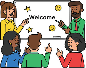 Diverse group of people learning and collaborating in a classroom setting.