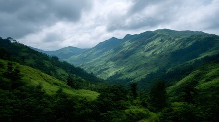 Fototapeta premium A scenic vista of lush green mountains and valleys under a dramatic overcast sky