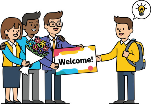Diverse Group Welcomes Newcomer with Flowers and Welcome Sign.