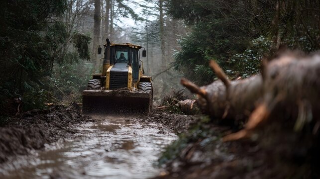 Yellow bulldozer clearing a muddy wet path through a dense overcast forest pushing debris and logs