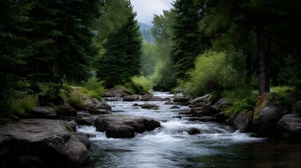 Fototapeta premium A clear fast flowing river navigates a rocky bed amidst a dense green forest with tall trees and overgrown vegetation