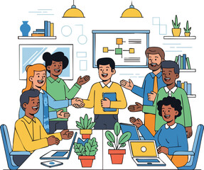 Diverse group of professionals collaborating in a modern office setting.