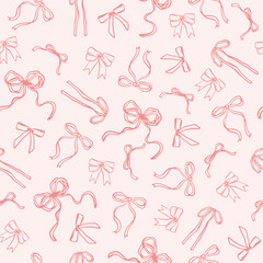 Hand-drawn pink ribbon seamless pattern. Vector illustration ribbon seamless pattern for background, wallpaper, wrapping and textile.