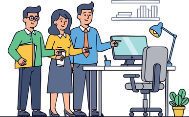 Three business colleagues collaborating on a project in the office.