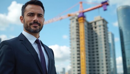 Stylish businessman in suit against construction site backdrop. Pro in formal wear with building crane, modern architecture in urban cityscape. Real estate development, construction industry concept.
