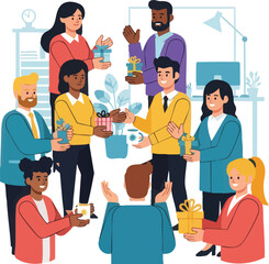 Colleagues exchanging gifts in a celebratory office environment happy faces.