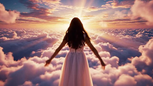 雲の階段を登る人が輝く地平線へ向かう希望のシンボル