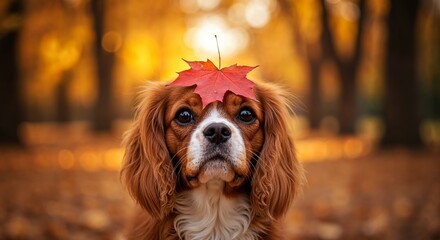 Dog with maple leaf on head in golden light for a moment of mindfulness