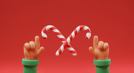 3D cartoon hands balancing crossed candy canes on a red Christmas background