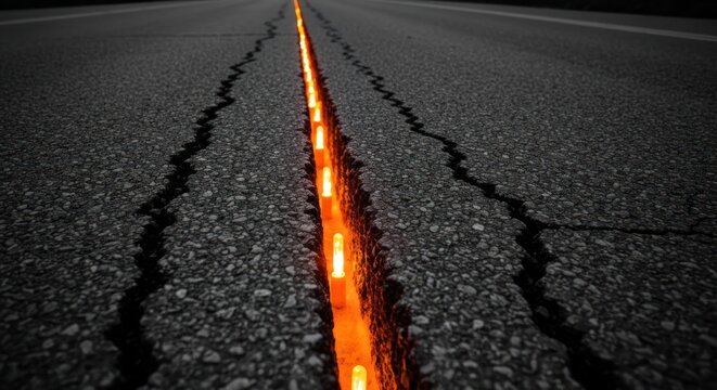 Cracked asphalt road with bright orange/yellow light emanating from within