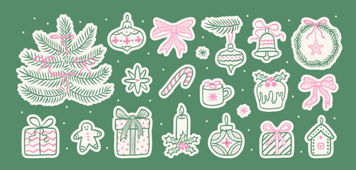 Christmas hand drawn vintage doodle sticker set in line sketch style. Christmas tree, gift, star, pink bows, candy cane, tree toys, cacao, snowflake, holly. Whimsical retro decor.Vector illustration.