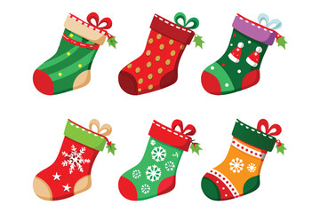 Collection of six colorful christmas stockings with festive patterns isolated on white background