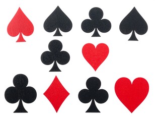 Assortment of playing card suits arranged on a white backdrop, showcasing the familiar symbols