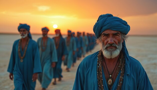 Older man with white beard and blue turban looks straight ahead. A group of men in blue robes walk in a line across a vast, flat desert at warm sunset. They are on a long, arduous journey.