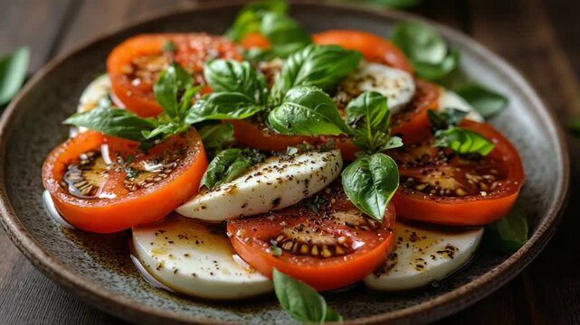 Fresh Caprese Salad with Tomatoes and Basil Leaves
