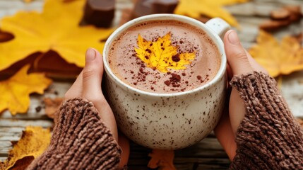 Close-up of hands holding a cup of hot chocolate on a crisp autumn day