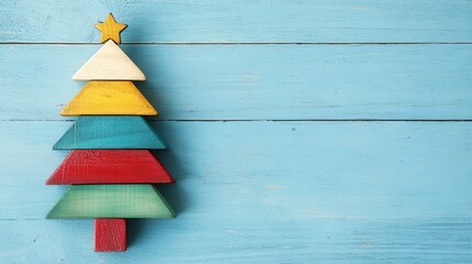 Colorful wooden Christmas tree on a whitewashed blue wooden background isolated on a blue background emphasizing festive decor