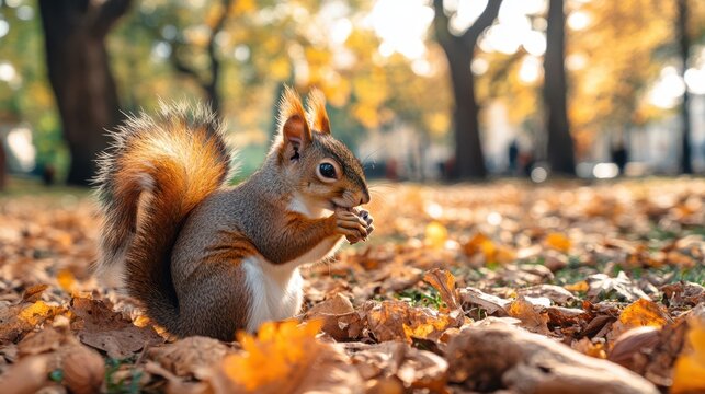 Close-up of a squirrel eating nuts in a park during a sunny day