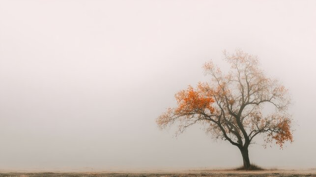 A solitary tree with sparse autumn leaves stands in a foggy landscape, creating a serene and tranquil atmosphere.