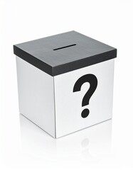 white box with a question mark on box with black lid, white background, elections and voting concept or suggestion box concept