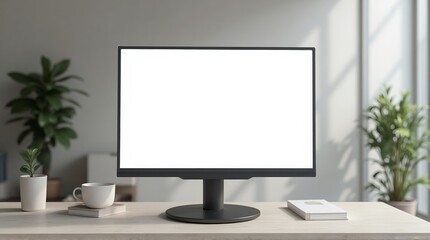 Bright modern office desk setup featuring a blank screen monitor, coffee cup, and plants, perfect for creative mockups and digital presentations.