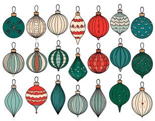 Assortment of stylized, colorful Christmas ornaments with varied shapes and designs, each suspended by a small hook