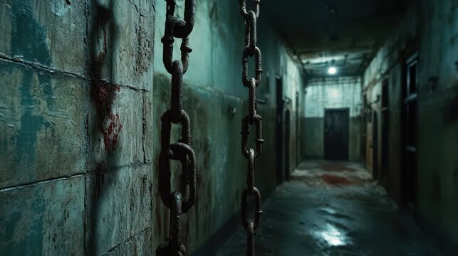 Haunted asylum with rusty chains hanging from the ceiling and bloodstained walls echoing with faint screams in the dark