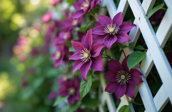Purple clematis flowers bloom on white garden trellis. A beautiful climbing vine grows in summer yard. Rich green leaves and blossoms decorate the wooden lattice fence outdoors. - Powered by Adobe