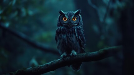 Owl perched on a branch in a dark forest at night with glowing eyes