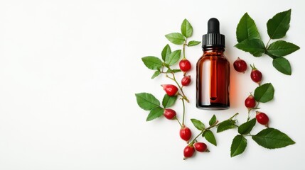Rosehip oil bottle accompanied by fresh red rosehips and green leaves on a white background symbolizing health care