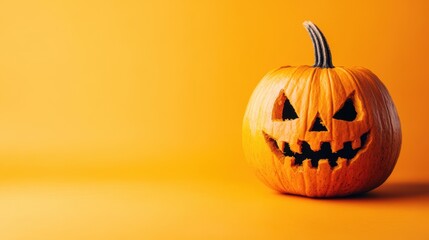 Scary pumpkin face on bright orange background with Halloween theme