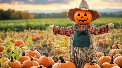 Scarecrow standing in a field of pumpkins ready for harvest