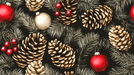 Seamless pattern with pine cones and Christmas toys for festive holiday projects