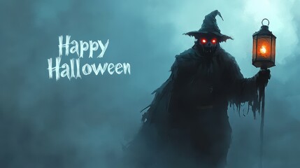 Sinister figure with glowing red eyes holding a lantern with Happy Halloween written in eerie glowing letters in the foggy air