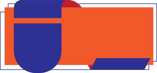 Main Body: A large orange rectangular shape dominates the right side of the image.
Left Element: A blue, curved shape with a red ribbon-like detail is positioned on the left side, partially overlappin