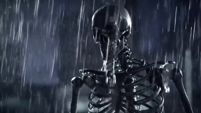 A metallic skeleton standing in the rain, portraying a sense of resilience and determination