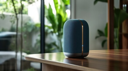 Smart home speaker with voice assistant capability displayed on a modern desk