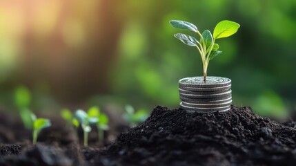 Stack of silver coins with seedlings symbolizing financial growth and investment potential