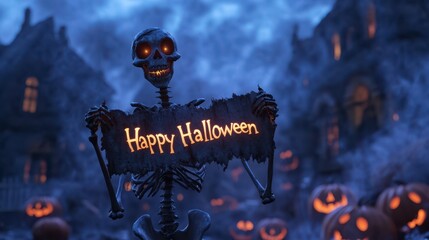 Twisted skeleton holding a decaying banner with Happy Halloween written in glowing letters surrounded by fog and glowing pumpkins